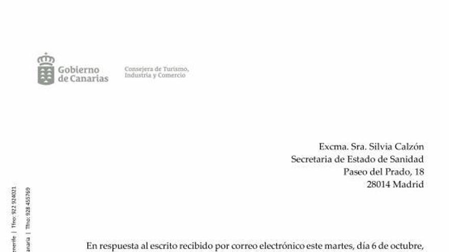 Extracto de la carta que Yaiza Castilla envió a la secretaria de Estado de Sanidad el 7 de octubre.