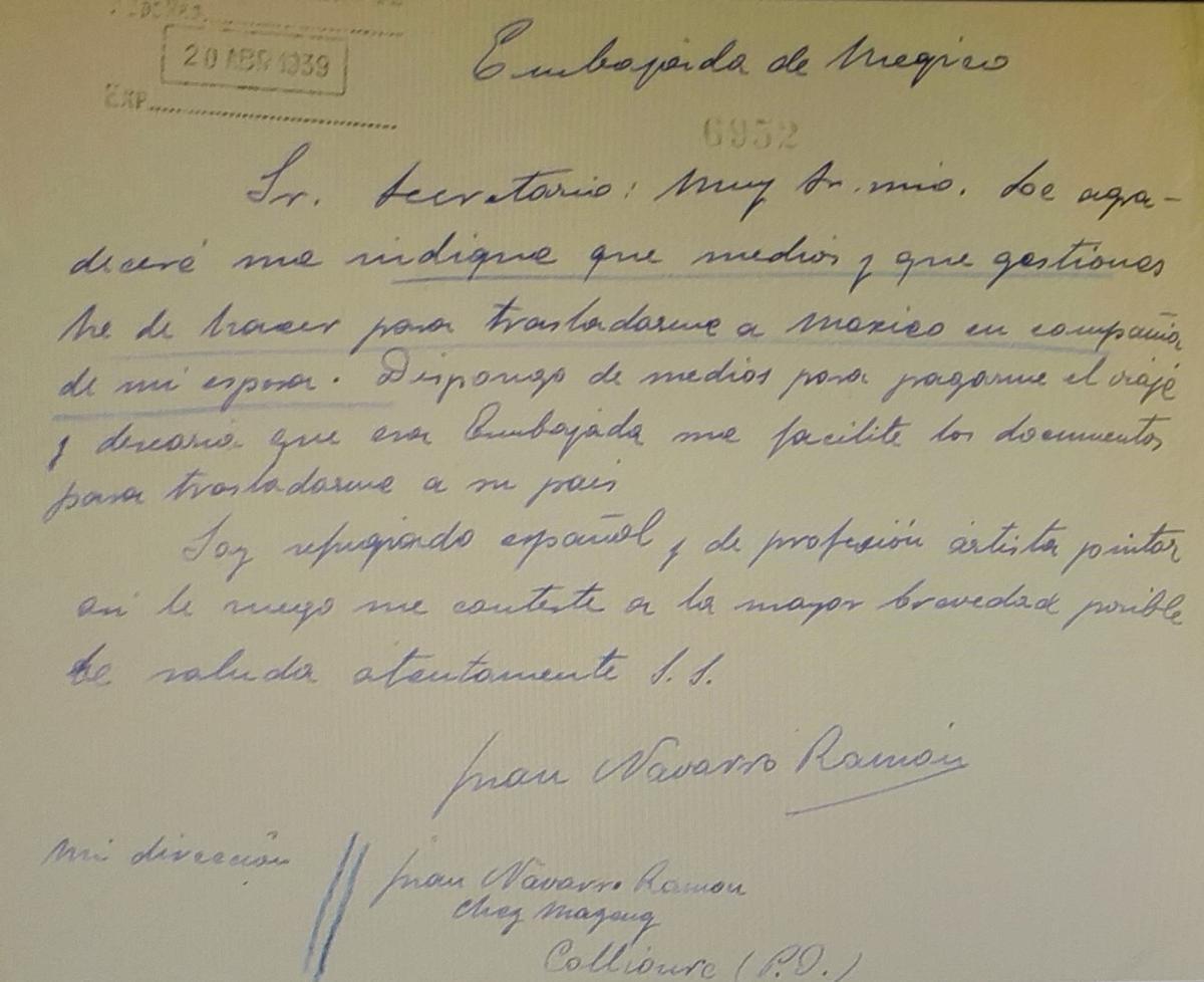 Documento inédito fechado en 1939 en el que pide asilo en México.