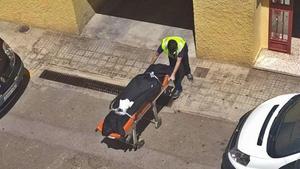 Los operarios de la funeraria trasladan el cadáver de la mujer asesinada en l’Alcúdia de Crespins.