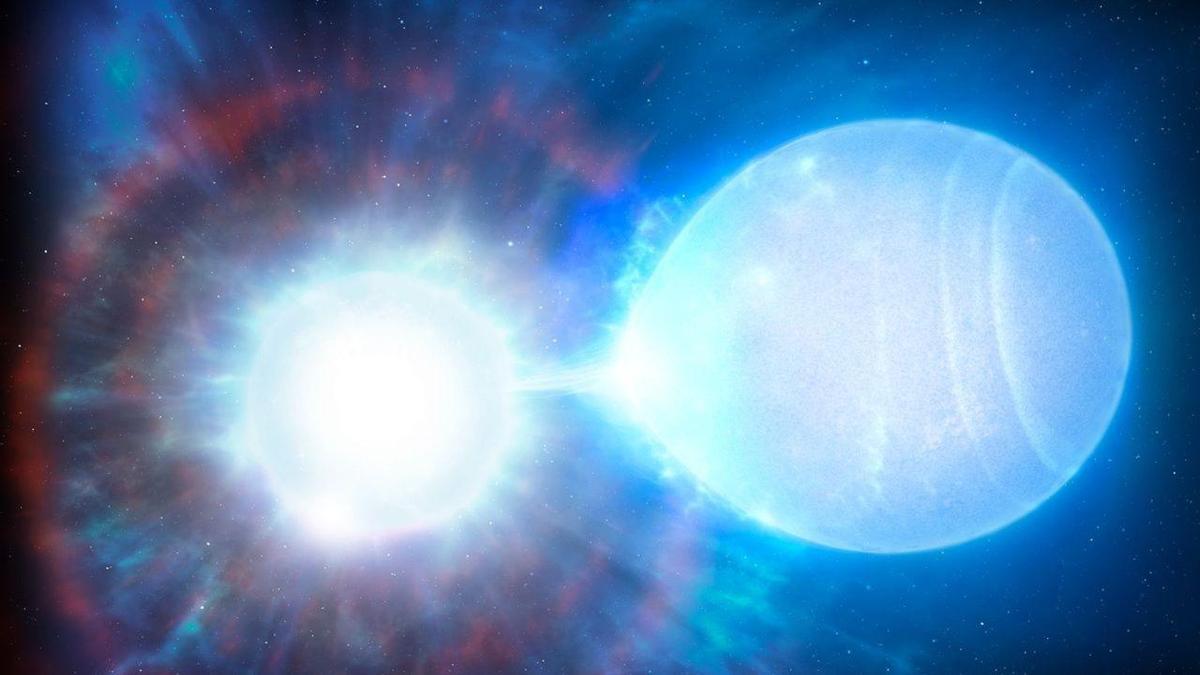 Representación artística de un sistema binario en el que sus dos estrellas están a punto de colisionar.