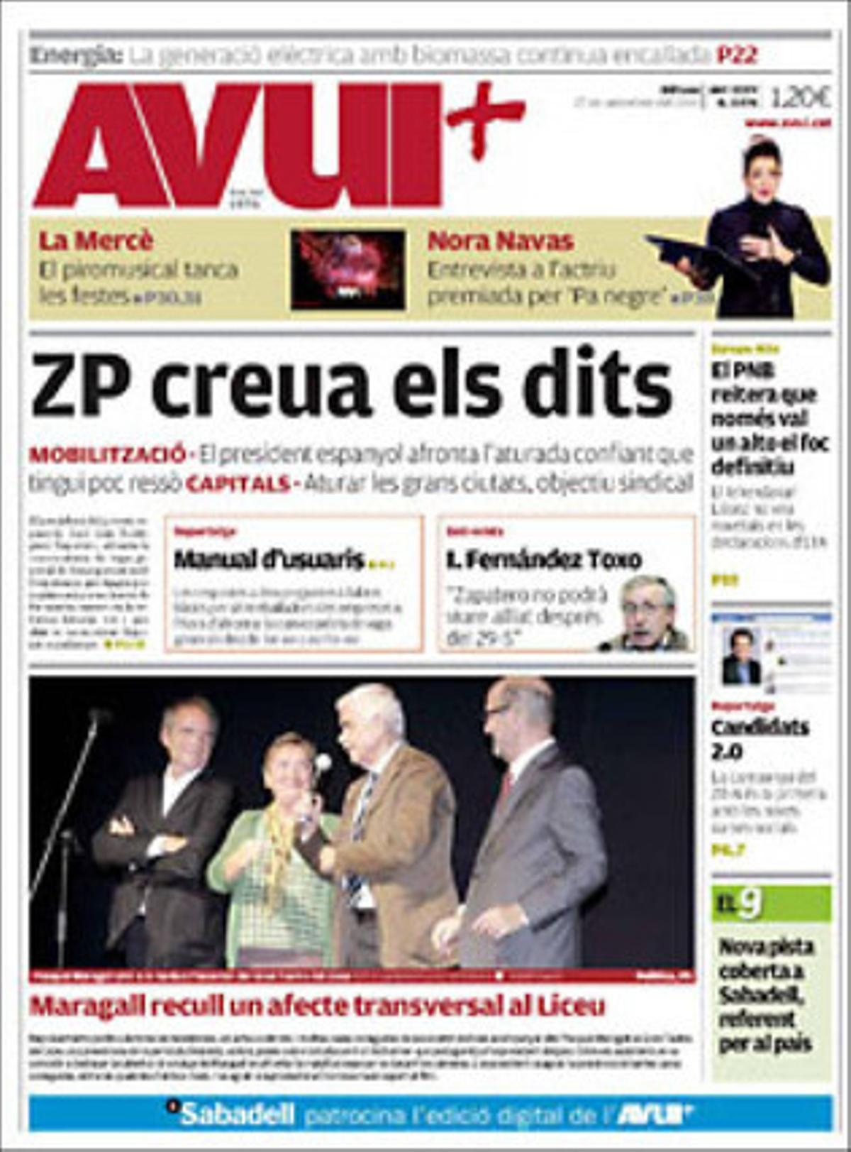 A la portada prima la prèvia de la vaga general i l’homenatge a Pasqual Maragall al Liceu, però hi té lloc la resposta del PNB a ETA, que la del 28-N serà la primera campanya electoral amb les noves xarxes socials, que la generació elèctrica amb biomassa segueix encallada, el final de la Mercè, una entrevista amb Nora Navas i que la nova pista coberta d’atletisme de Sabadell és un referent per a Catalunya. A dins explica que els immigrants consumeixen pocs mitjans de comunicació en català: només un 25% mira televisió, un 11% sent ràdios i un 4% llegeix diaris fets en català.