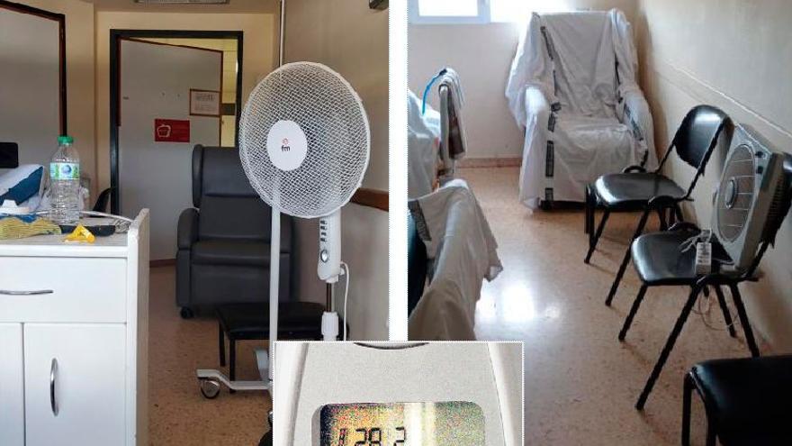 Imágenes de dos habitaciones del hospital con ventiladores, así como de un termómetro que marca 28,2º.