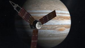 JUP10 - ESPACIO - JUPITER .- 4/7/2016.- Fotografía cedida hoy, 04 de julio 2016, por la Administración Nacional la Aeronáutica y del Espacio (NASA) que muestra una representación artística de la nave espacial Juno de la NASA, haciendo uno de sus viajes cerca a Júpiter. La nave espacial Juno de energía solar de la NASA llevará a cabo una maniobra de inserción en órbita de suspenso a medida que llega a Júpiter después de su viaje de cinco años, a finales del 04 julio de 2016, según la NASA. EFE/ NASA / SOLO USO EDITORIAL / NO VENTAS