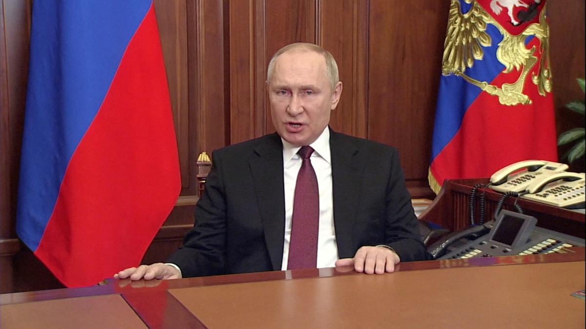 Russian President Vladimir Putin speaks about authorising a special military operation in Ukraines Donbass region during a special televised address on Russian state TV, in Moscow