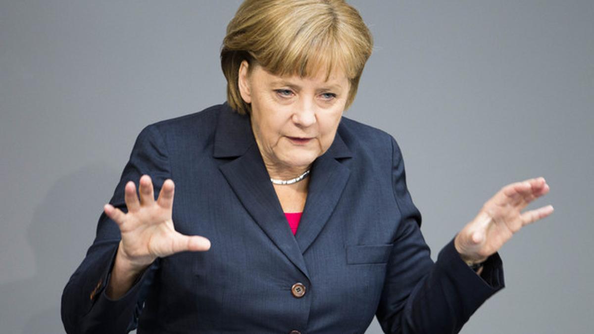 Angela Merkel, este jueves en Berlín, en una comparecencia ante el Parlamento alemán.