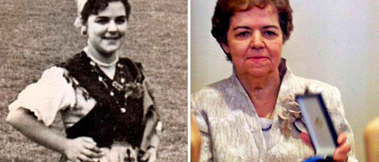 Dos imágenes de Rosita Morán: a la izquierda, con la medalla de plata al Mérito del Trabajo, que el Gobierno central le concedió en 2006, y a la derecha, en su juventud, ataviada con el traje de llanisca.
