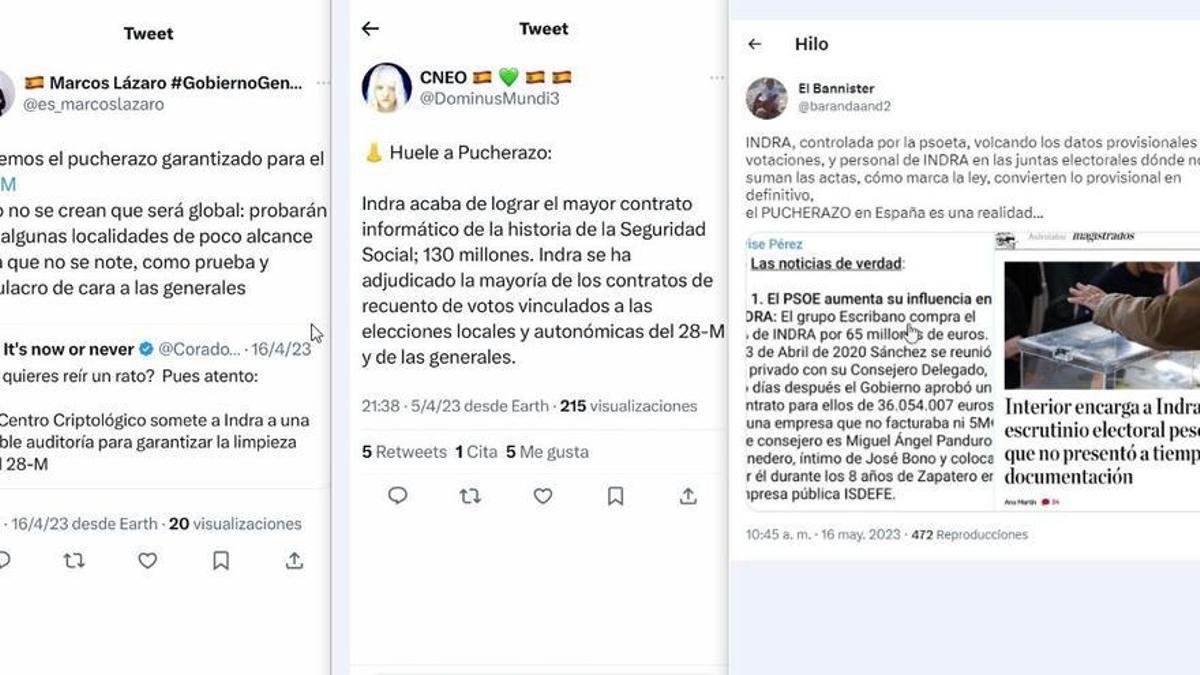 Tres mensajes de la campaña de desinformación contra las elecciones del 28-M detectada por las Fuerzas de Seguridad. En este caso, de la narrativa contra Indra.