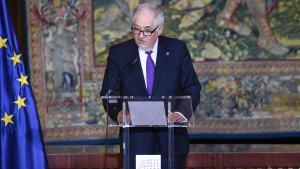 El presidente del Tribunal Constitucional, Cándido Conde-Pumpido, durante la celebración del Día de la Mujer en la sede del TC.