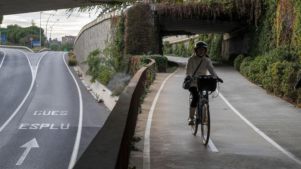 Una bicicleta circulando dirección Barcelona por el carril bici que conecta el tramo entre Barcelona y Esplugues de Llobregat.
