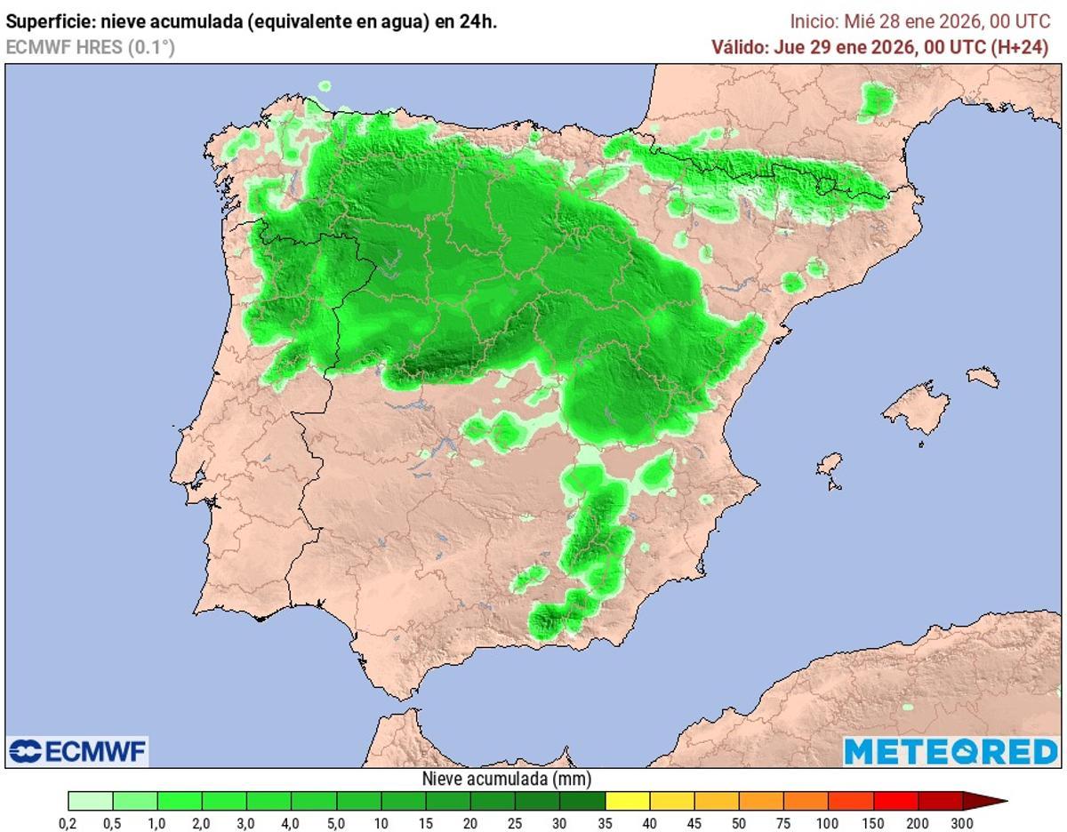 Acumulado de nieve hasta las 00 horas del jueves 28 de enero