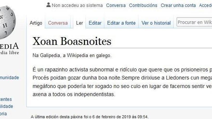 Els insults a Joan Bonanit en el seu article de Wikipedia en gallec