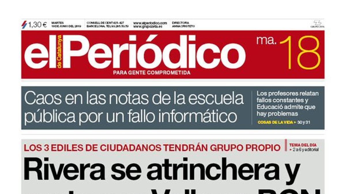 La portada de EL PERIÓDICO del 18 de junio del 2019