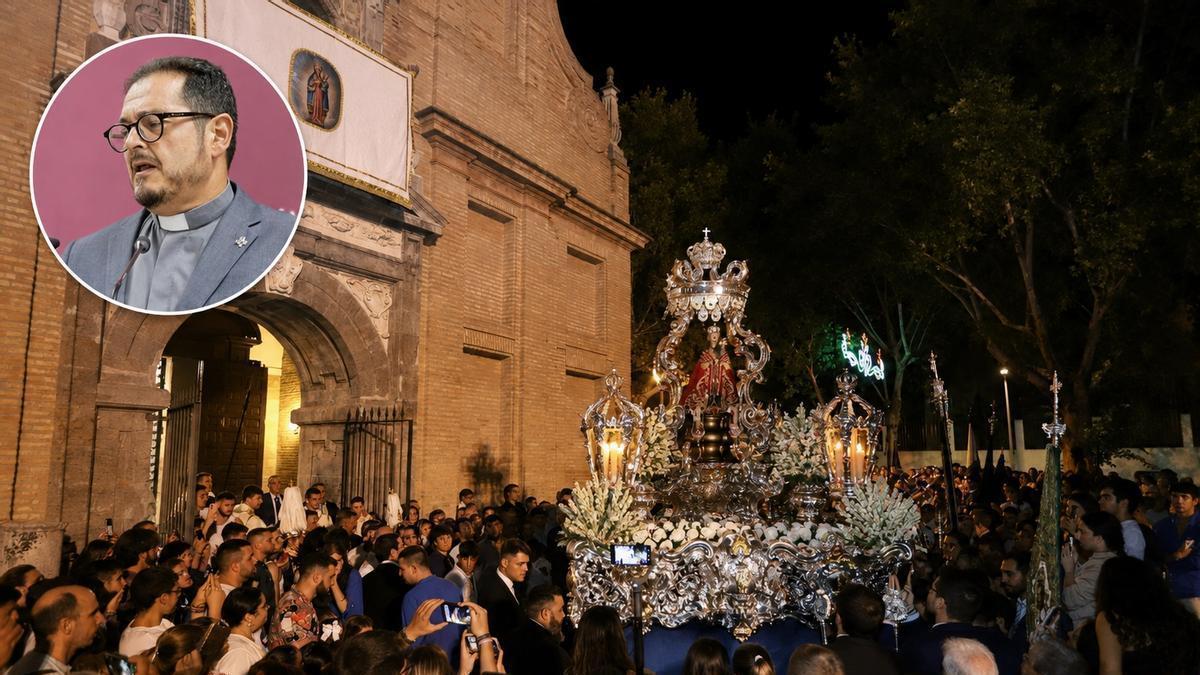 El párroco de la Fuensanta y pregoneró de la Velá 2026, en el círculo de arriba a la izquierda, sobre una imagen de la procesión de la Virgen.