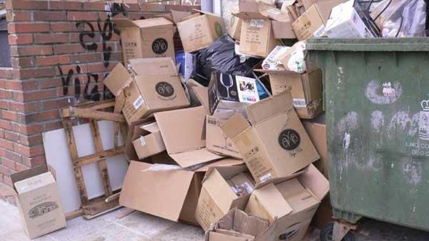 Imagen de las cajas de cartón arrojadas junto al contenedor de  orgánicos. Abajo, recipientes a rebosar detrás de la lonja.