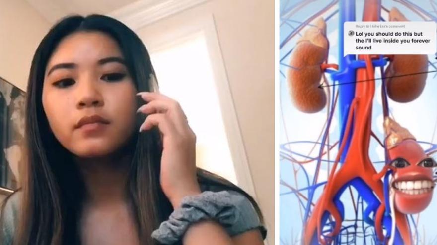 Colleen junto a una imagen de broma de su riñón colgada en su TikTok