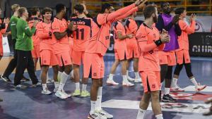 Los jugadores del Barça celebran el triunfo de este martes.