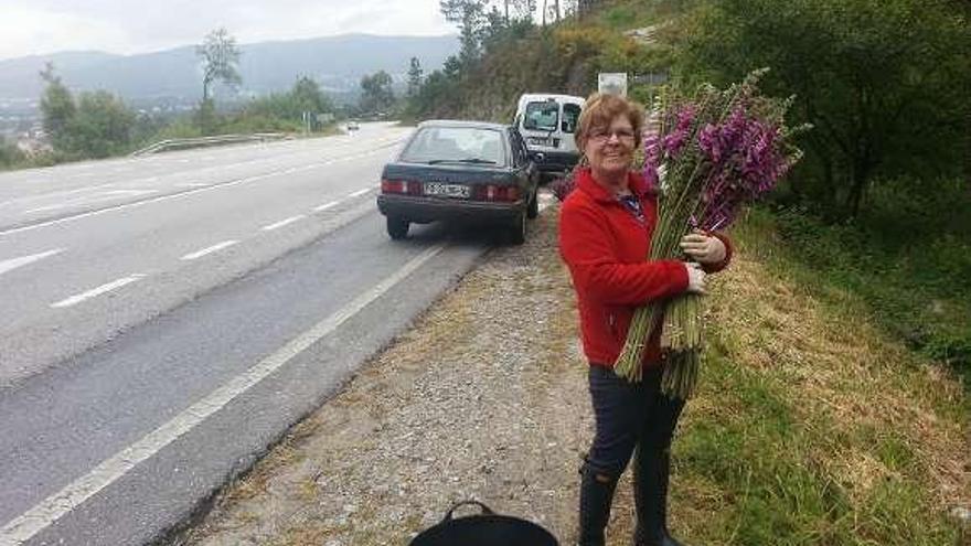 Algunas de las mujeres de Santa Baia de Catoira que ayer recogieron flores en los montes de Cordeiro (Valga).  // FDV
