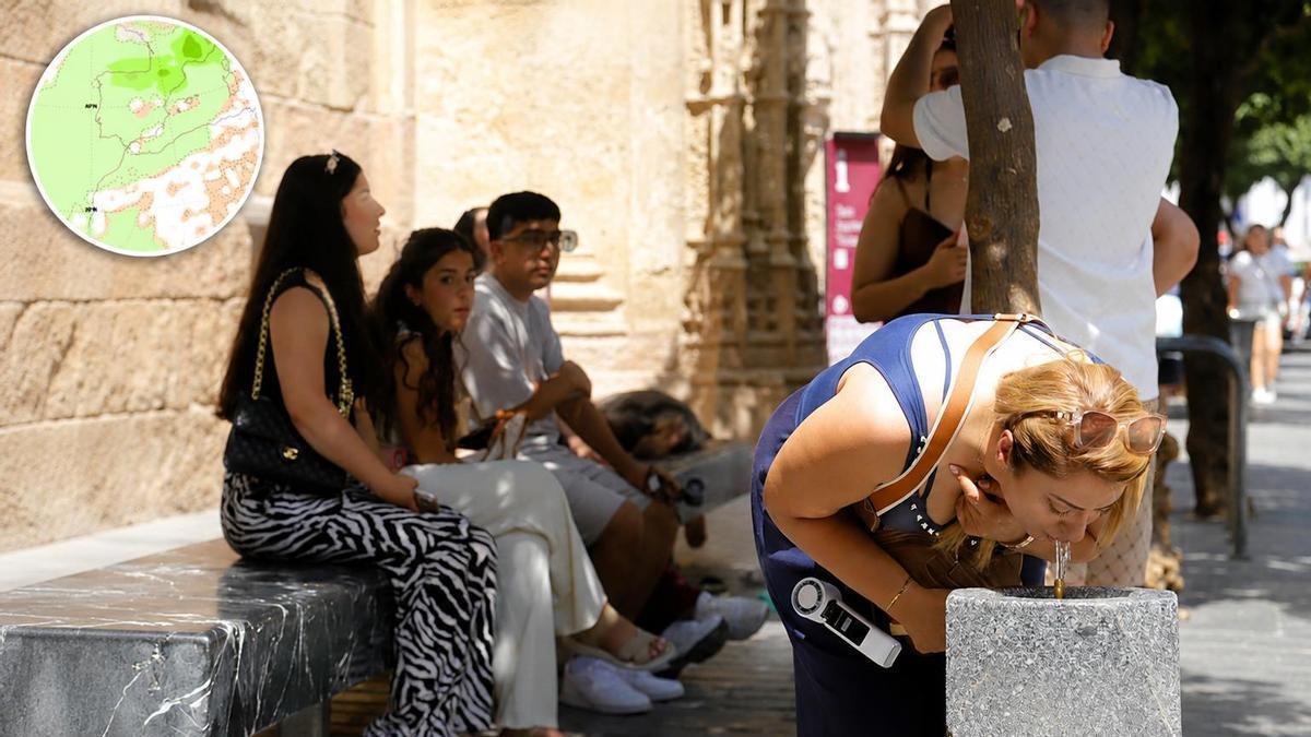 En la imagen grande, una mujer bebe de una fuente en el casco histórico de Córdoba. En el círculo pequeño, anomalía de precipitaciones prevista por la Aemet.