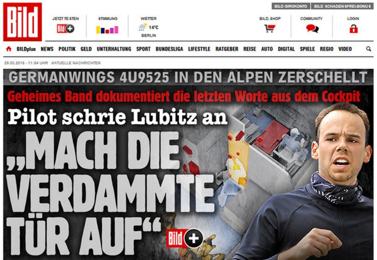 Portada de la web del diari ’Bild’  amb nova informació sobre l’avió de Germanwings.