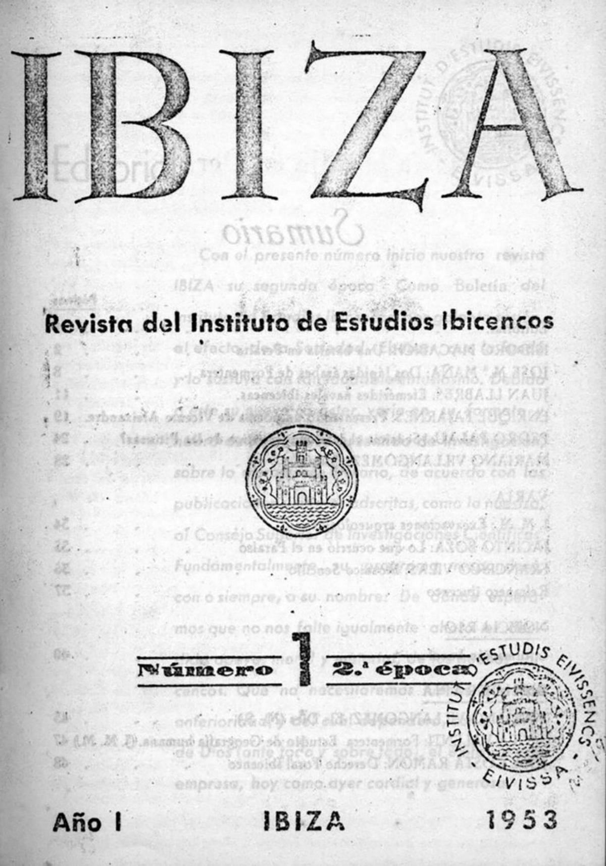 Presentació del número 10 de la revista Eivissa, a l’antiga seu de l’Institut, dedicada a Marià Villangómez, que era acompanyat per Enric Ribes, director de la revista i Joan Marí Cardona, president de l’Institut.