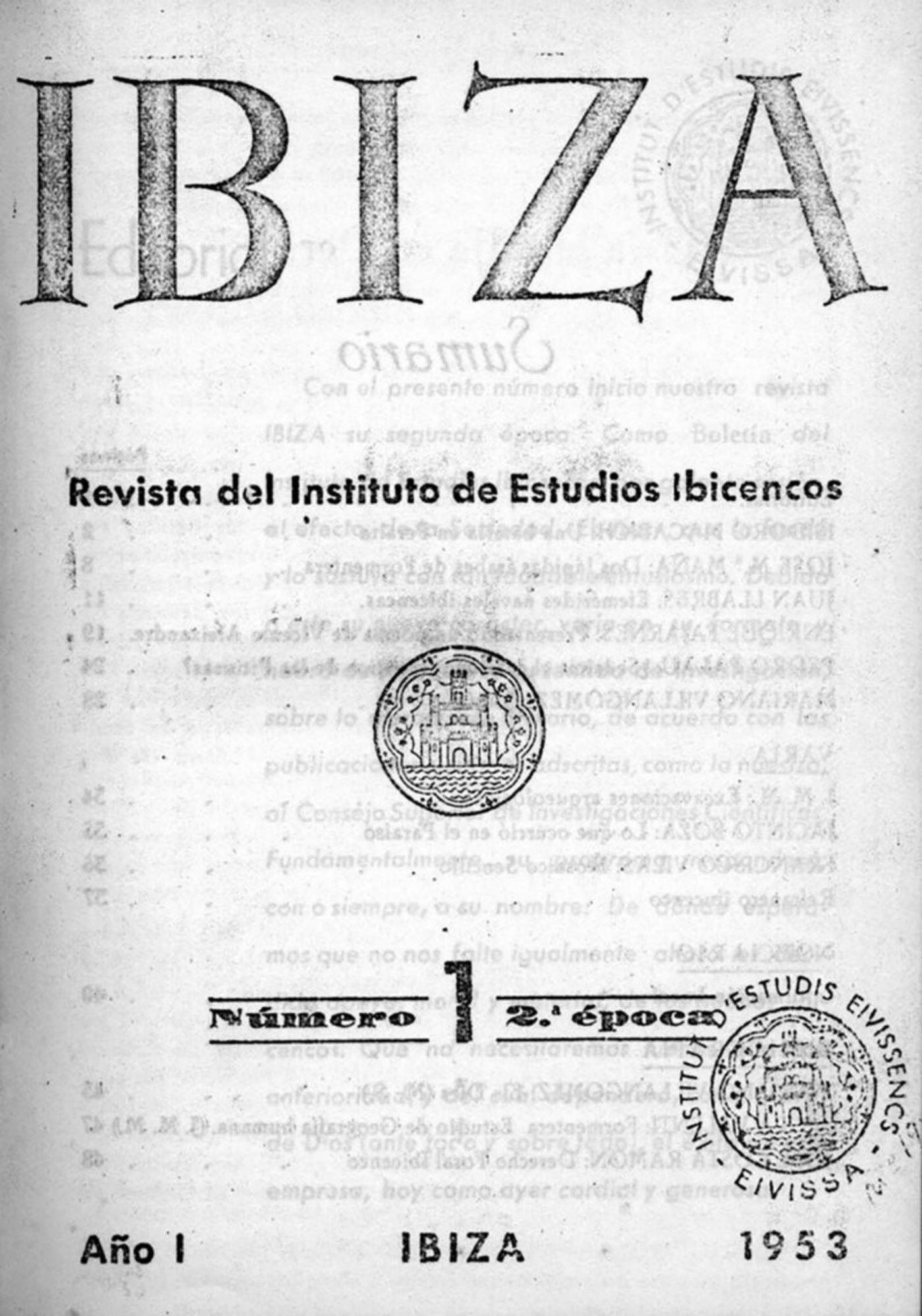 Eivissa revista 2. Portada del número 1 de la revista Eivissa, de la segona època, corresponent a l’any 1953, ja editat per l’Instituto de Estudios Ibicencos.