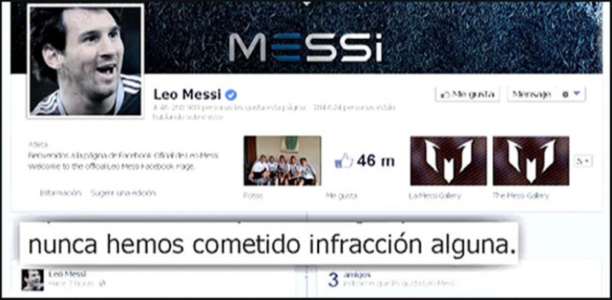 Detall del comunicat que Messi ha penjat al seu compte de Facebook sobre la querella de la fiscalia. Detall del comunicat que Messi ha penjat al seu compte de Facebook sobre la querella de la fiscalia.