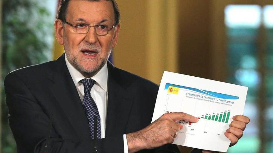 Rajoy muestra en su comparecencia un gráfico sobre el crecimiento.