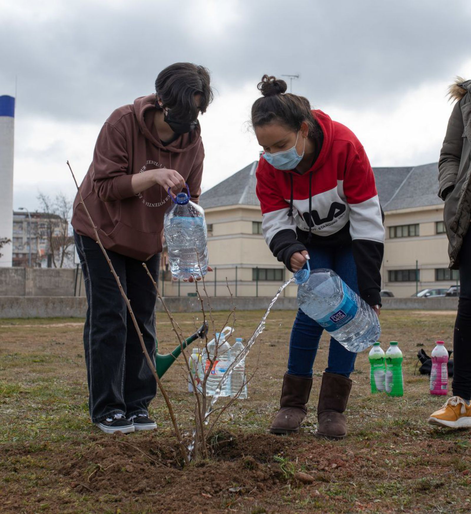 Dos alumnas riegan un pequeño árbol.