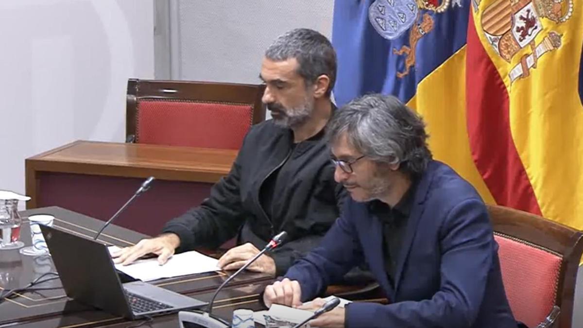 Hermes Ortega González y Pedro López Montesdeoca, representantes del comité de huelga de la Escuela de Arte y Superior de Diseño de Gran Canaria durante su comparecencia en el Parlamento de Canarias.