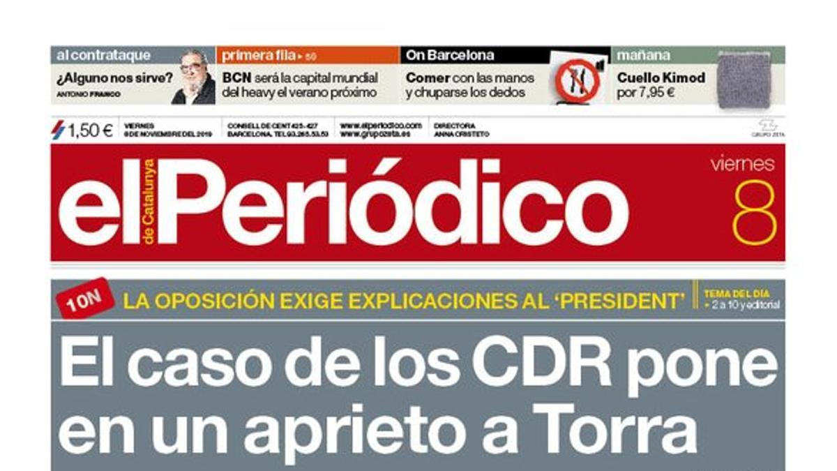 La portada de EL PERIÓDICO del 8 de noviembre del 2019