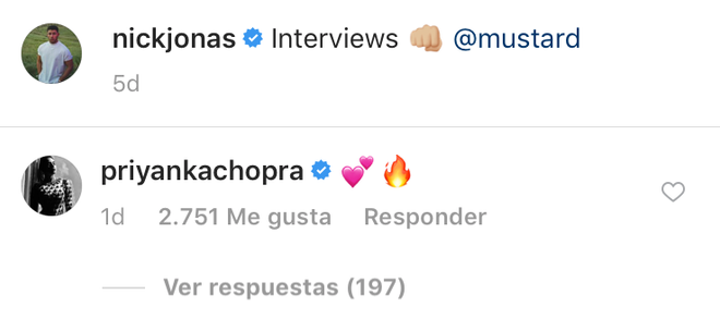 Comentario de Priyanka Chopra en el Instagram de Nick Jonas