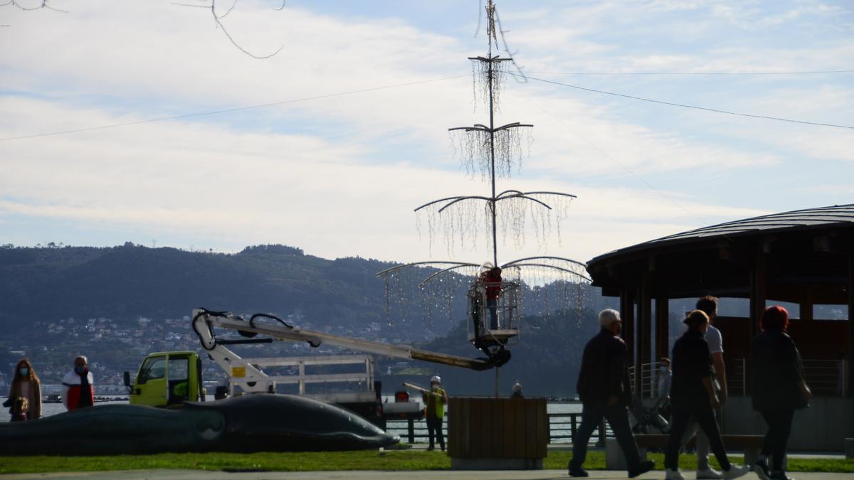 Instalación del árbol de luces en la Alameda de Moaña.