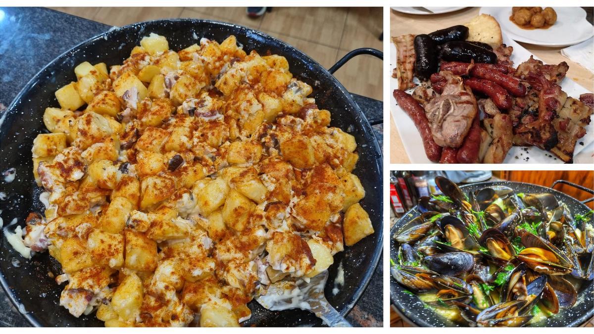 De izquierda a derecha, las patatas con pulpo del Trafalgar; la parrillada de carne del Casa Julián y los mejillones de Casa Bou.