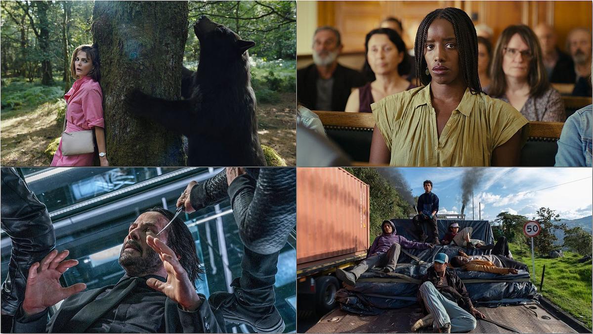 Fotogramas de ’Oso vicioso’, ’Saint Omer, el pueblo contra Laurence Coly’, ’John Wick 4’ y ’Los reyes del mundo’.