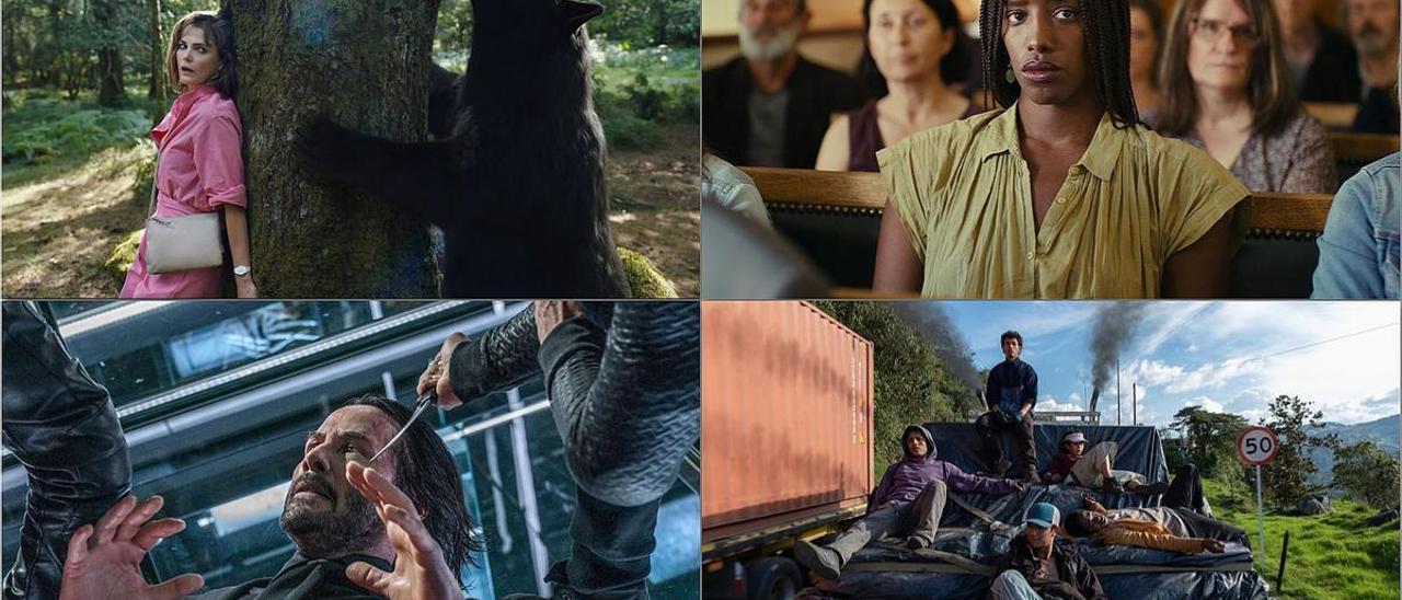 Fotogramas de ’Oso vicioso’, ’Saint Omer, el pueblo contra Laurence Coly’, ’John Wick 4’ y ’Los reyes del mundo’.