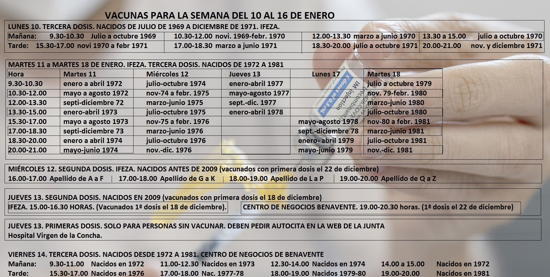 Calendario de vacunación para la próxima semana en Zamora
