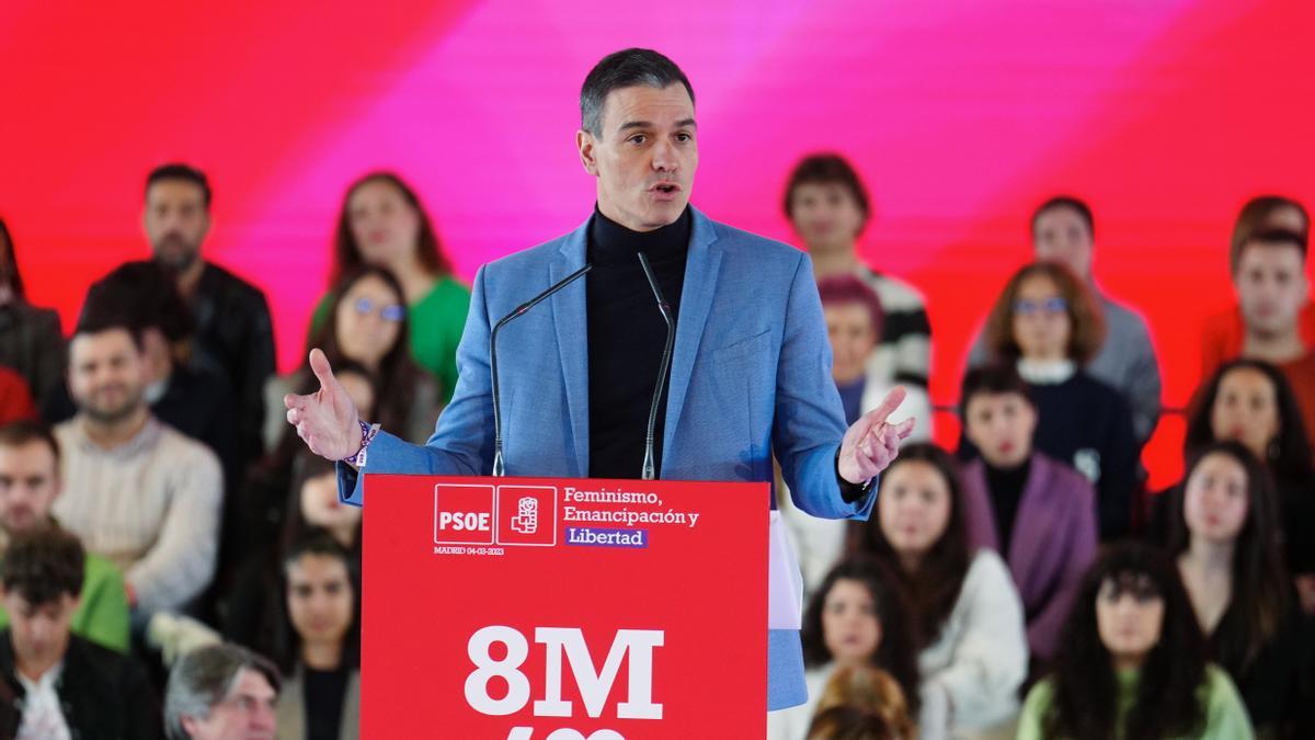 Pedro Sánchez, durante su participación en un acto sobre feminismo con motivo del Día Internacional de la Mujer