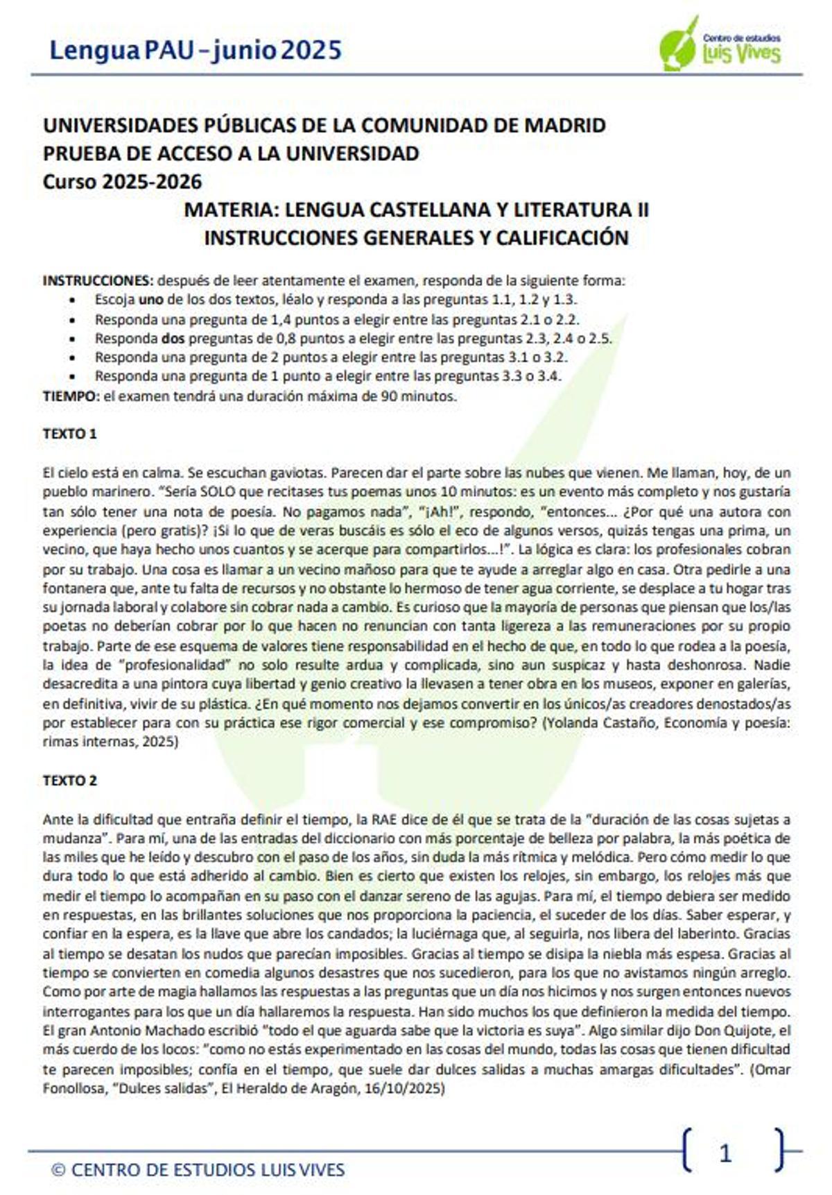 Examen resuelto de Lengua Castellana y Literatura de la PAU 2026 de Madrid