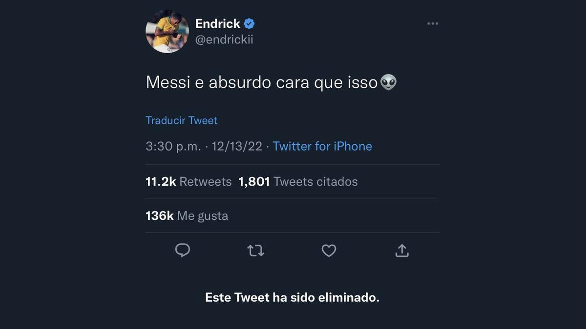 Endrick borra el mensaje sobre Messi en Twitter