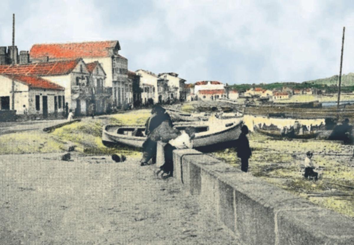 Ensanche antigo dique, lonxa, zona de varada e nave de redeiras en 1996. | |