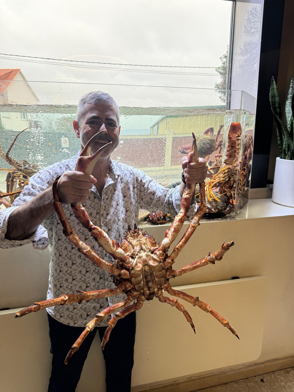 Alberto Domínguez en el momento de introducir el centollo premiado en el acuario-escaparate del restaurante D'Berto.
