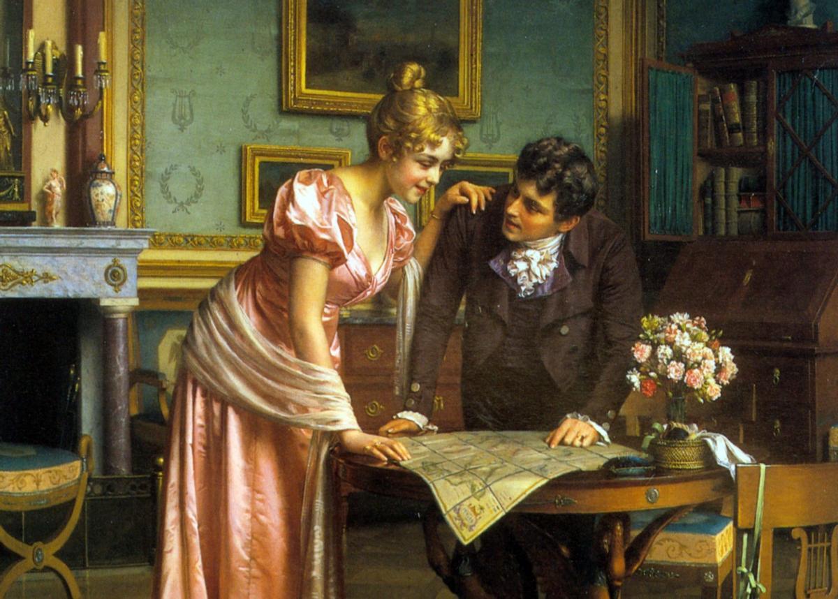 Detalle de la obra 'Planificación del Grand Tour', óleo sobre lienzo por Emil Brack (1860-1905), colección privada.