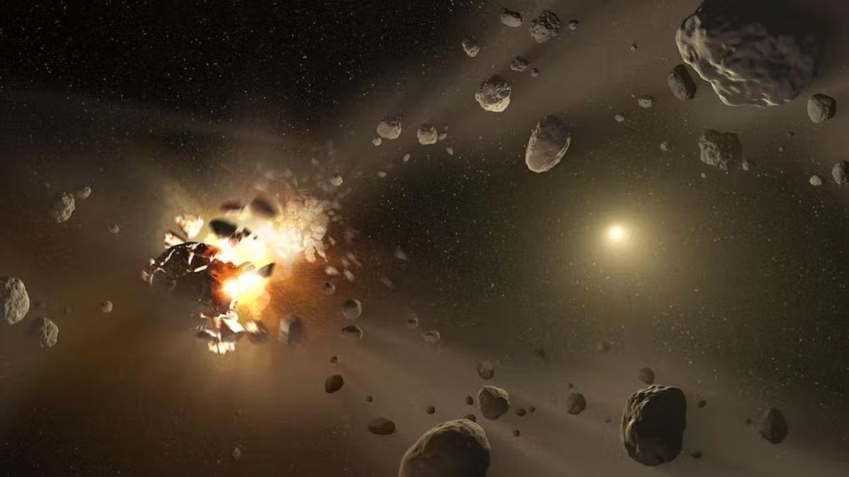 Recreación artístico de colisiones catastróficas entre asteroides ubicados en el cinturón entre Marte y Júpiter.