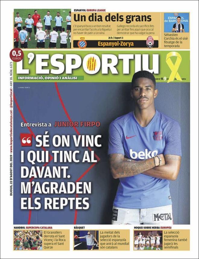 Portada de lEsportiu del 22 de agosto de 2019