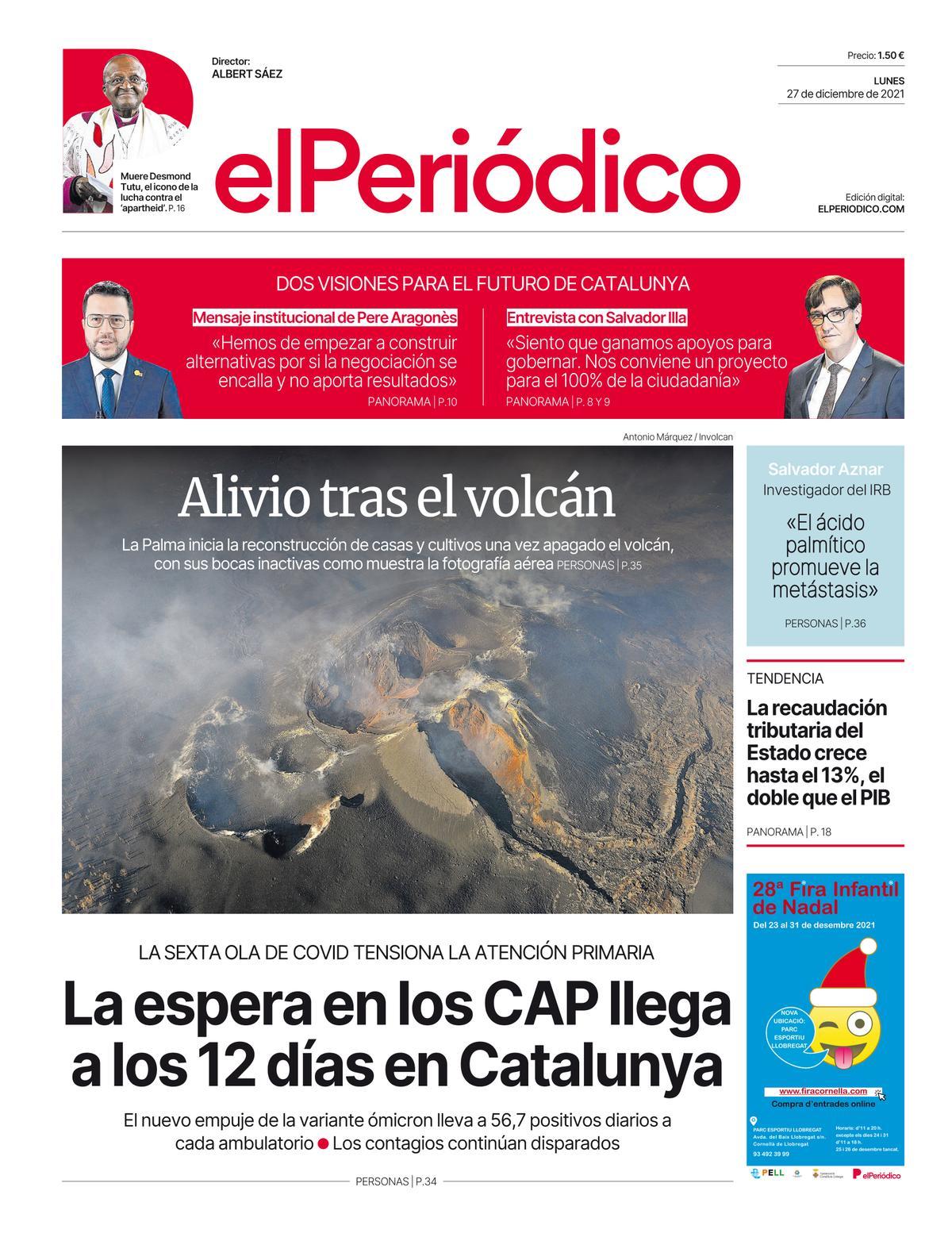 La portada d’EL PERIÓDICO del 27 de desembre del 2021