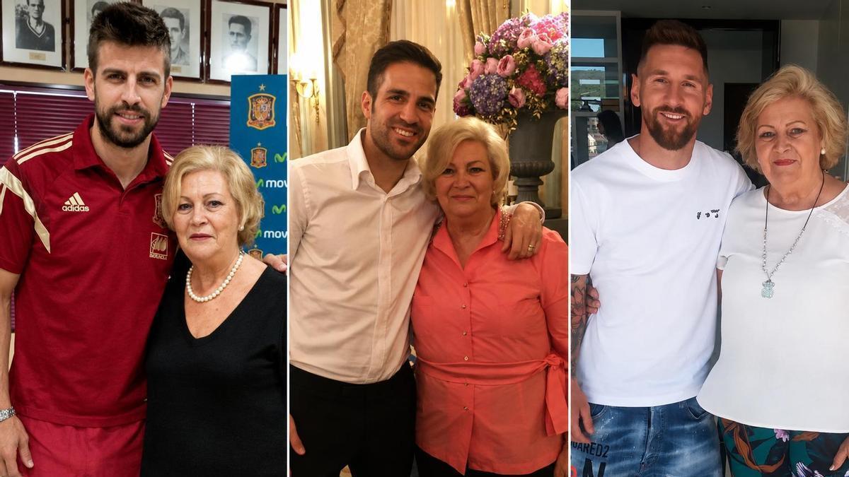 Isabel Méndez posa con Gerard Piqué, a la izquierda, con su nieto, Cesc Fàbregas, en el centro, y con Leo Messi, a la derecha.