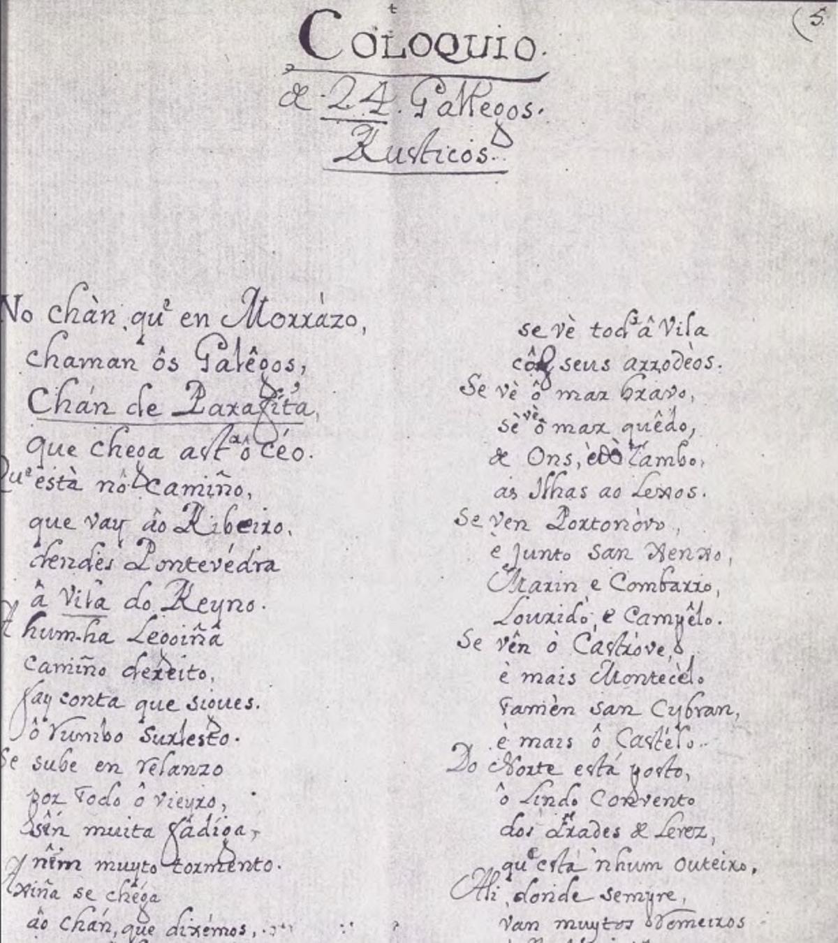 Fragmento da edición facsimilar do 'Coloquio de 24 gallegos rústicos' (Monteagudo, 2002)