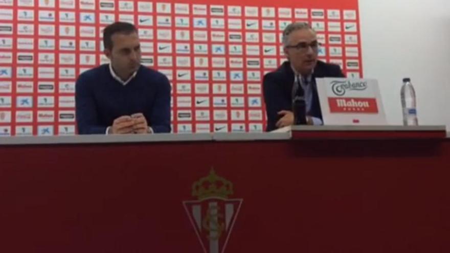 Baraja y Torrecilla, en la presentación del nuevo entrenador del Sporting en El Molinón