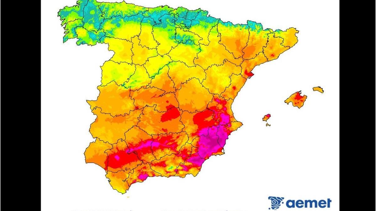 Temperaturas máximas registradas en España en las últimas 24 horas, según mapa elaborado por la Aemet.
