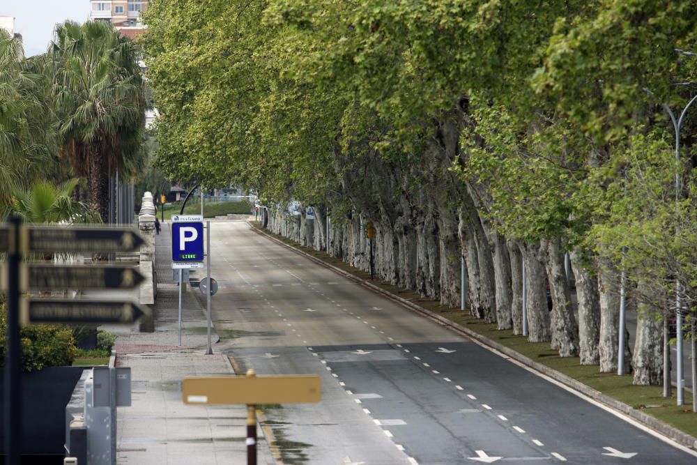 Con más de una semana de confinamiento cumplida, la ciudad de Málaga sigue dejando imágenes desoladoras en sus calles. Pocos transeúntes en puntos siempre tan bulliciosos como el Muelle Uno o apenas tráfico en el Paseo de los Curas, normalmente atestado de vehículos a cualquier hora del día.